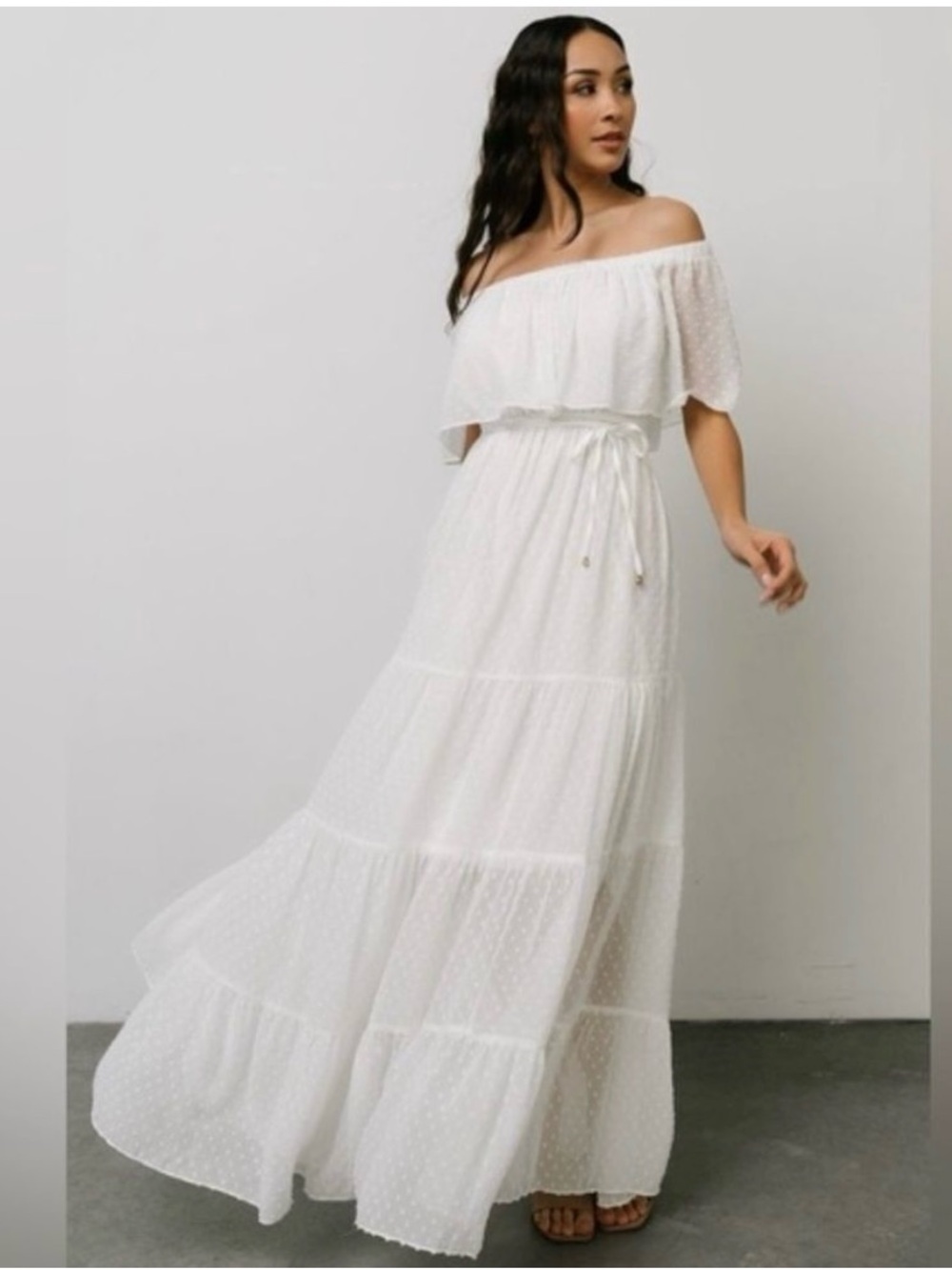 Baltic Born Off-Shoulder White Swiss Dot Maxi Dress with Waist Tie